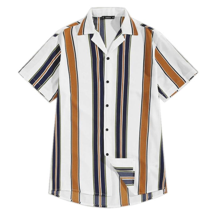 Men'S Striped Lapel Button Short Sleeve Shirt