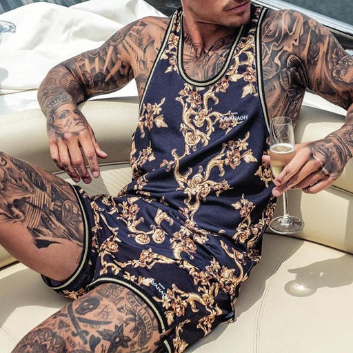 Men's Beach Print Short Sleeve Two-piece Suit
