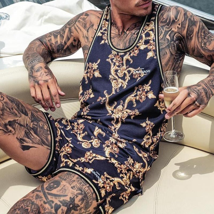 Men's Beach Print Short Sleeve Two-piece Suit