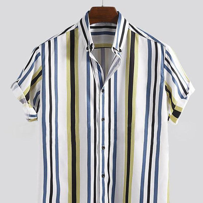 Men Blue Striped Printed Lapel Shirt