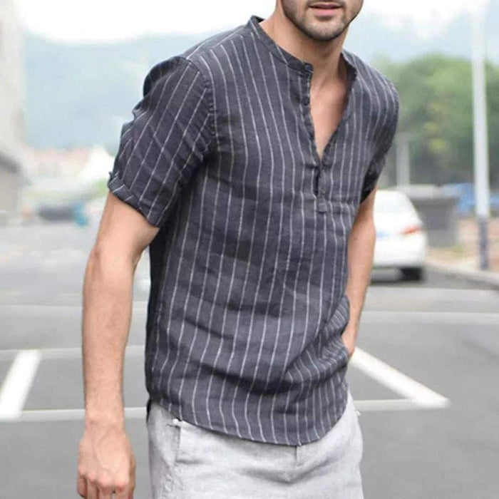 Men Striped Short Sleeves Blouse Shirt