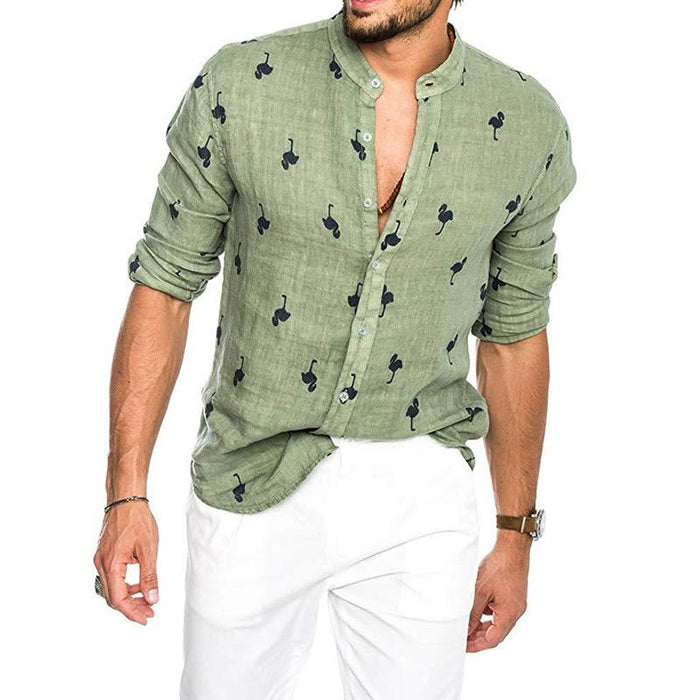 Men'S 3D Printed Linen Colorblock Lapel Shirt