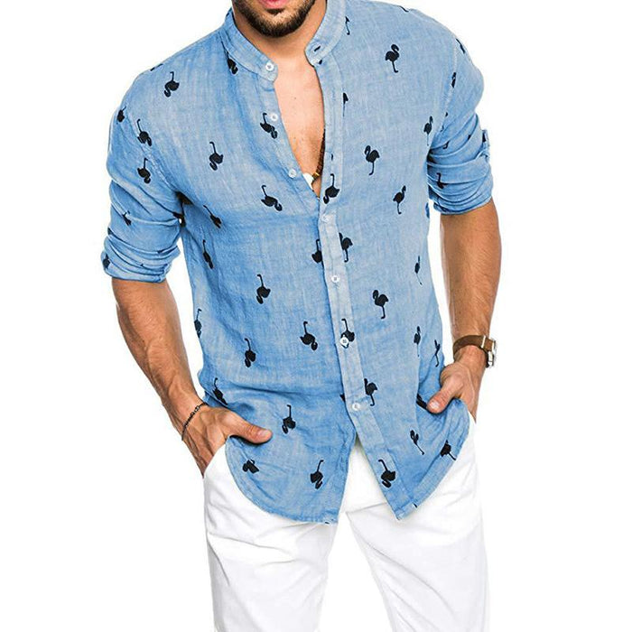 Men'S 3D Printed Linen Colorblock Lapel Shirt