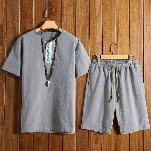 Summer Fashion Men's Cotton and Linen Short Sleeve Shorts Set Suit Tracksuit