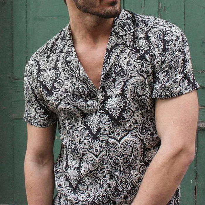 Men'S Totem Print Beach Short Sleeve Shirt