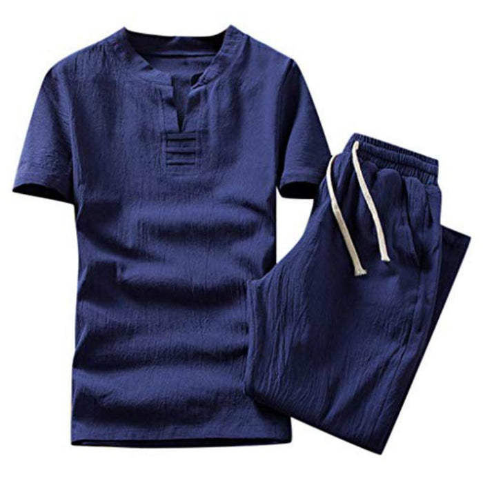 Men Shorts Suit Summer Fashion Casual Cotton Linen Short Sleeve Tracksuit