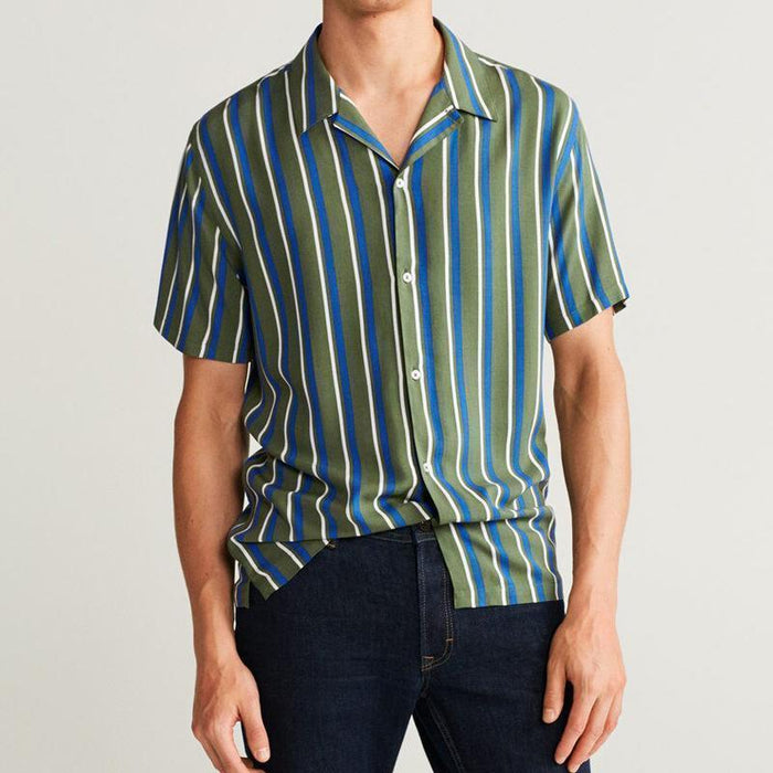 Men Lapel Striped Print Short Sleeves Shirt