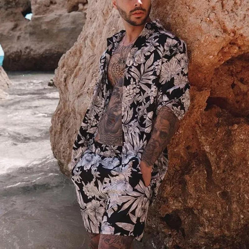 Men's Casual Holiday Printed Shirt Shorts Two-piece Suit