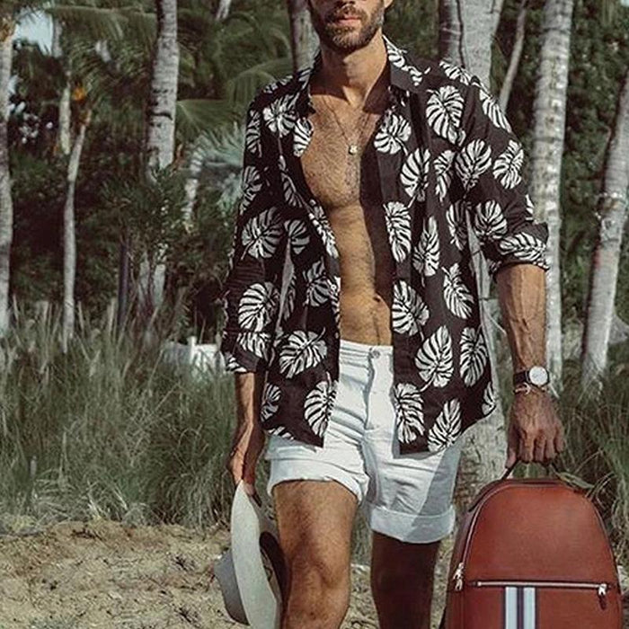 Men's Casual Holiday Leaf Print Short Sleeve Shirt