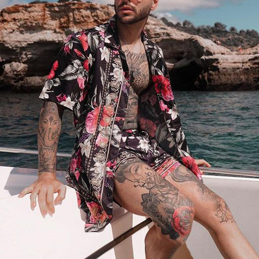 Men's Casual Holiday Printed Shirt Shorts Two-piece Suit